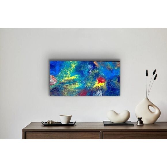 Splatter Blue, Yellow and Green Pour Painting 10 x 20 Stretched Canvas Art - Picture 3 of 10
